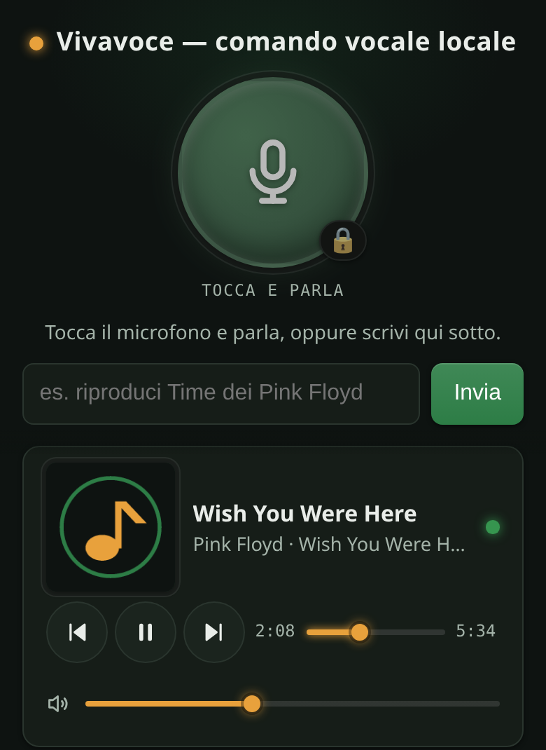 Vivavoce in dark mode: microphone button, text box, and a now-playing card for Wish You Were Here by Pink Floyd